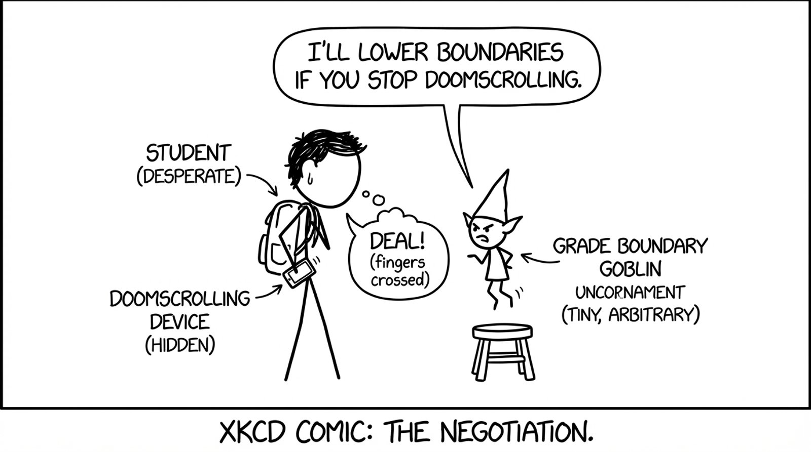 A student bargains with a grade boundary goblin about doomscrolling