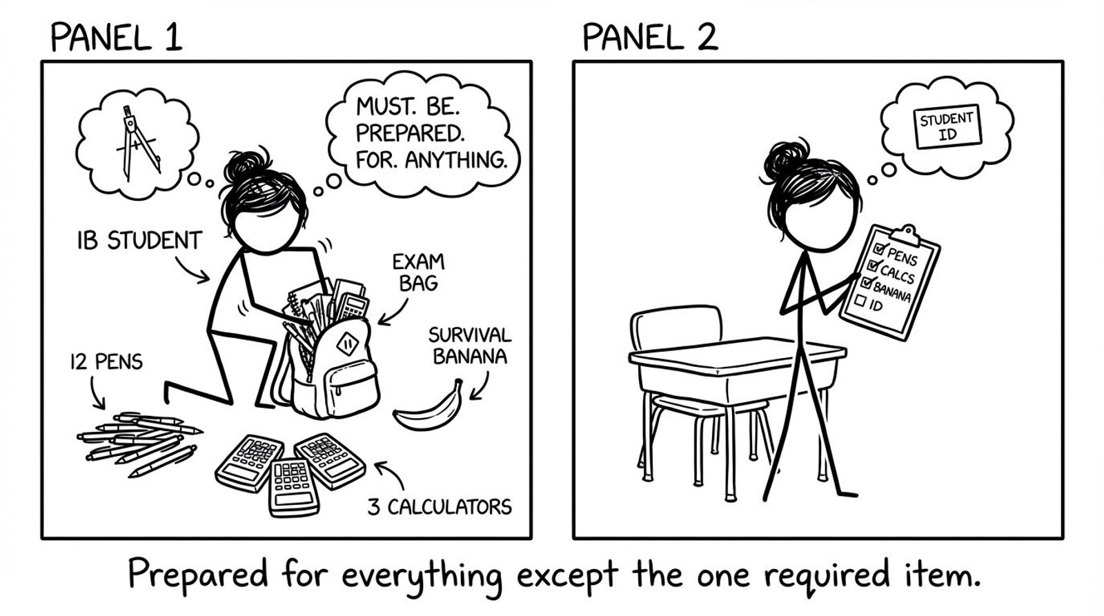 Two-panel exam bag packing joke