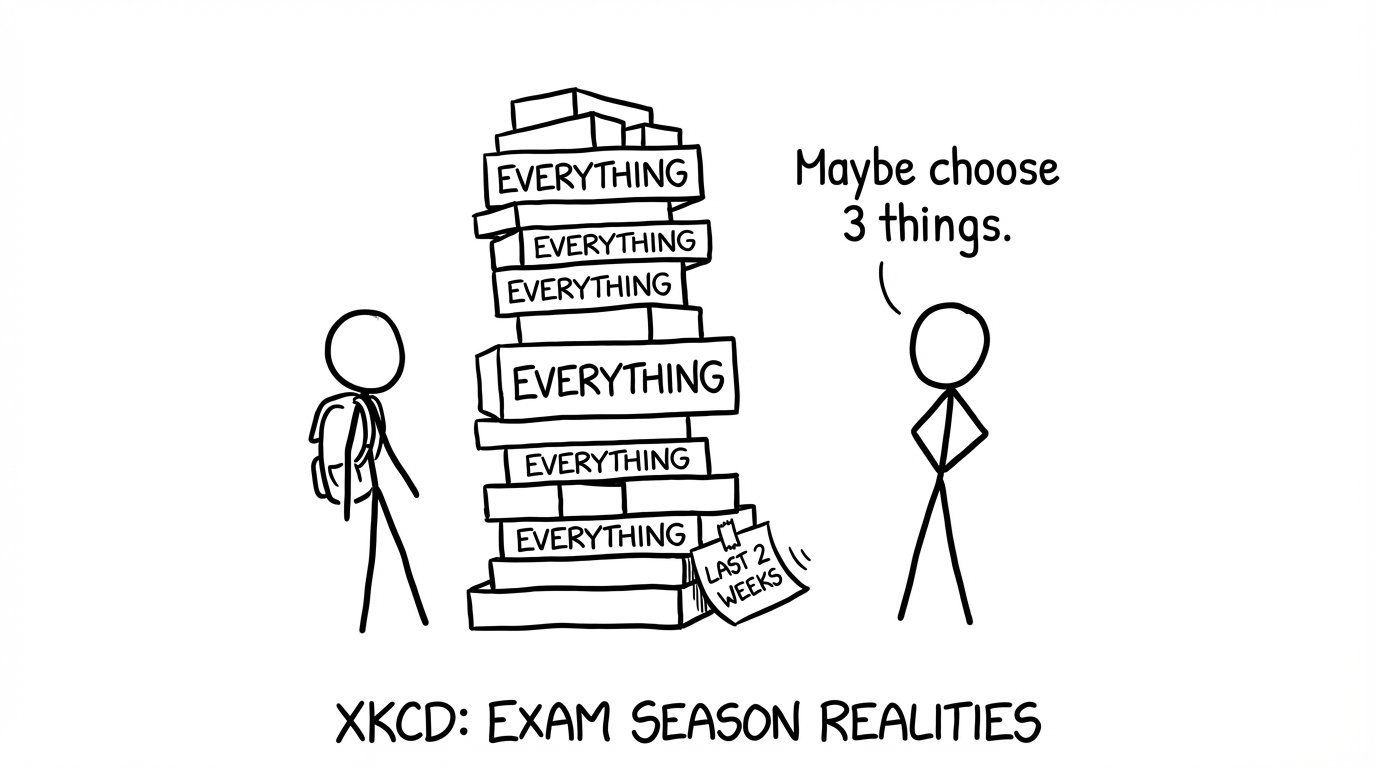 A tiny sticky note tries to hold up a stack labeled Everything