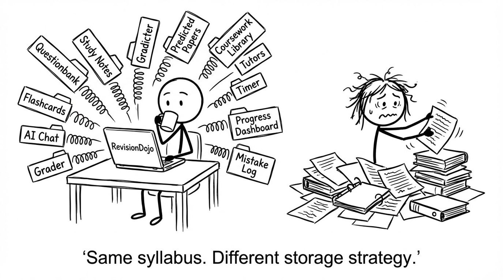 A laptop that unleashes a RevisionDojo tab explosion while someone else wrestles paper chaos