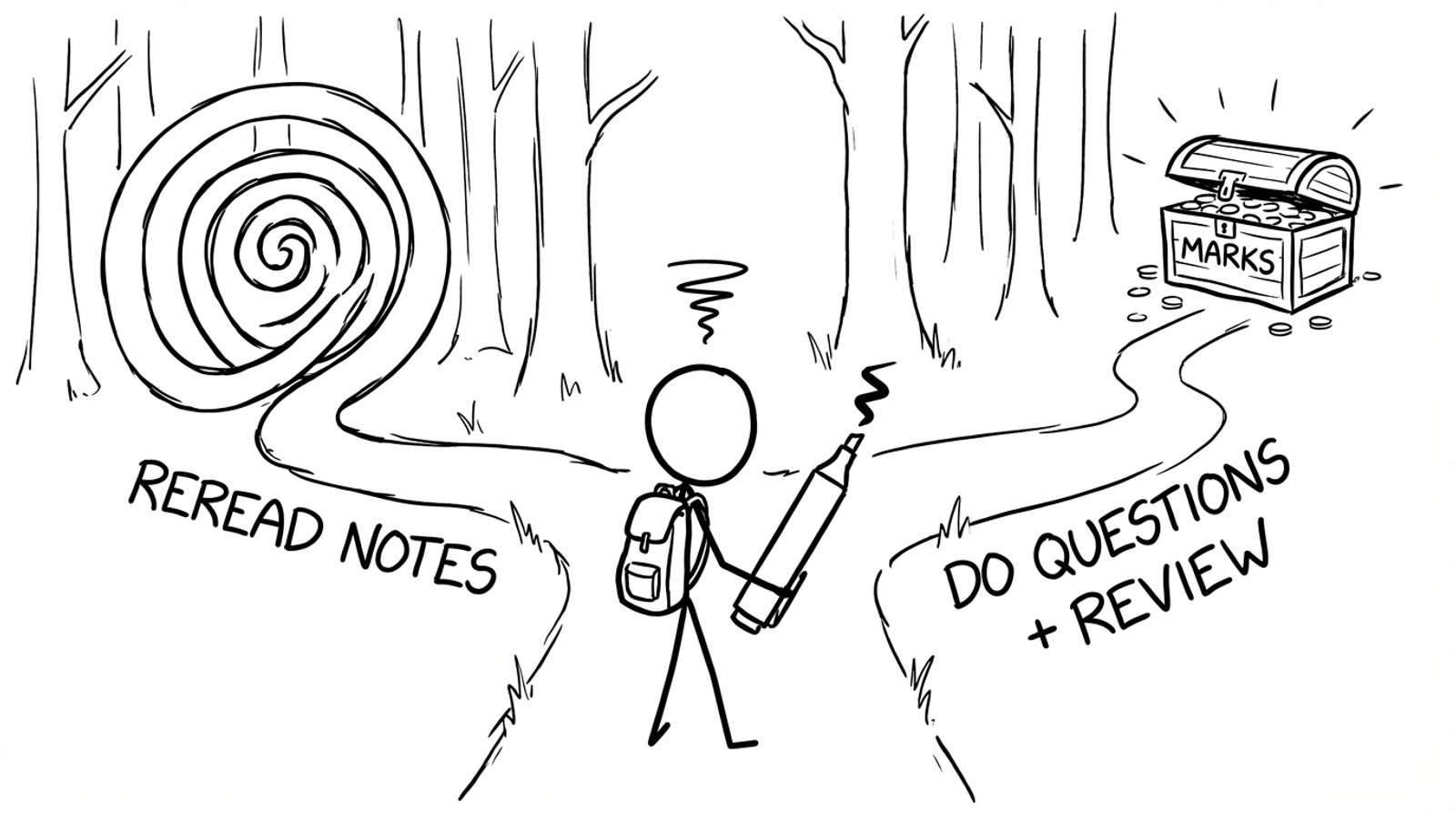 Two paths: reread notes loop vs do questions treasure