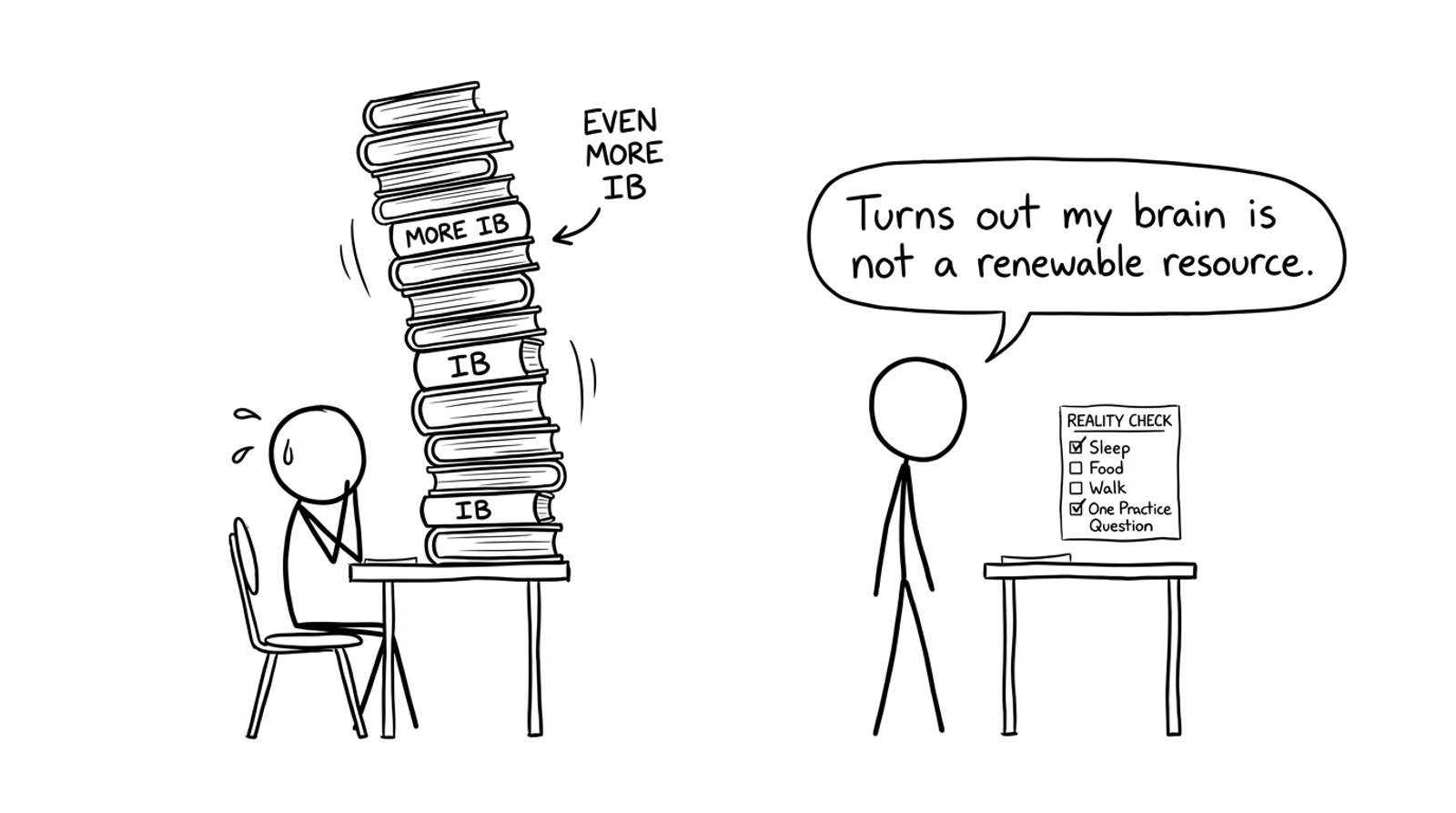 A student swaps a towering IB stack for a tiny checklist