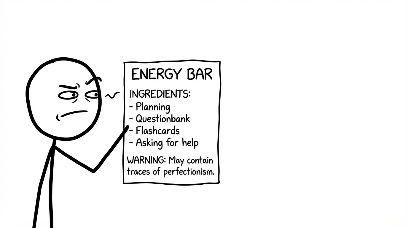 Energy bar label with planning and warning about perfectionism