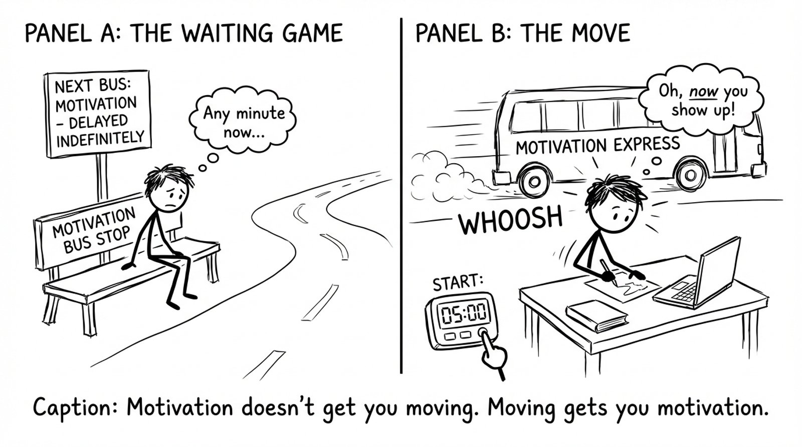 Motivation bus arrives after movement comic