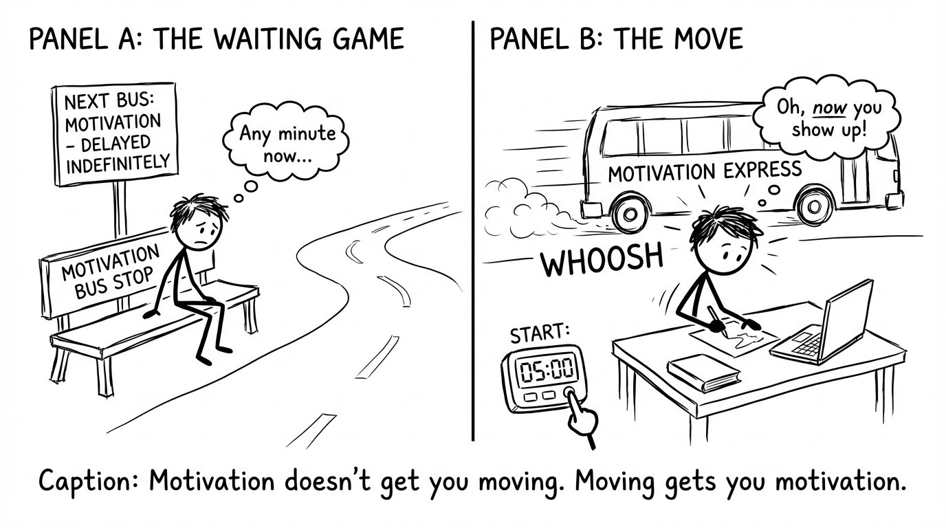 Motivation bus arrives after movement comic