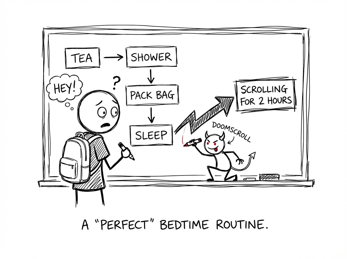Flowchart bedtime routine sabotaged by “Doomscroll” gremlin