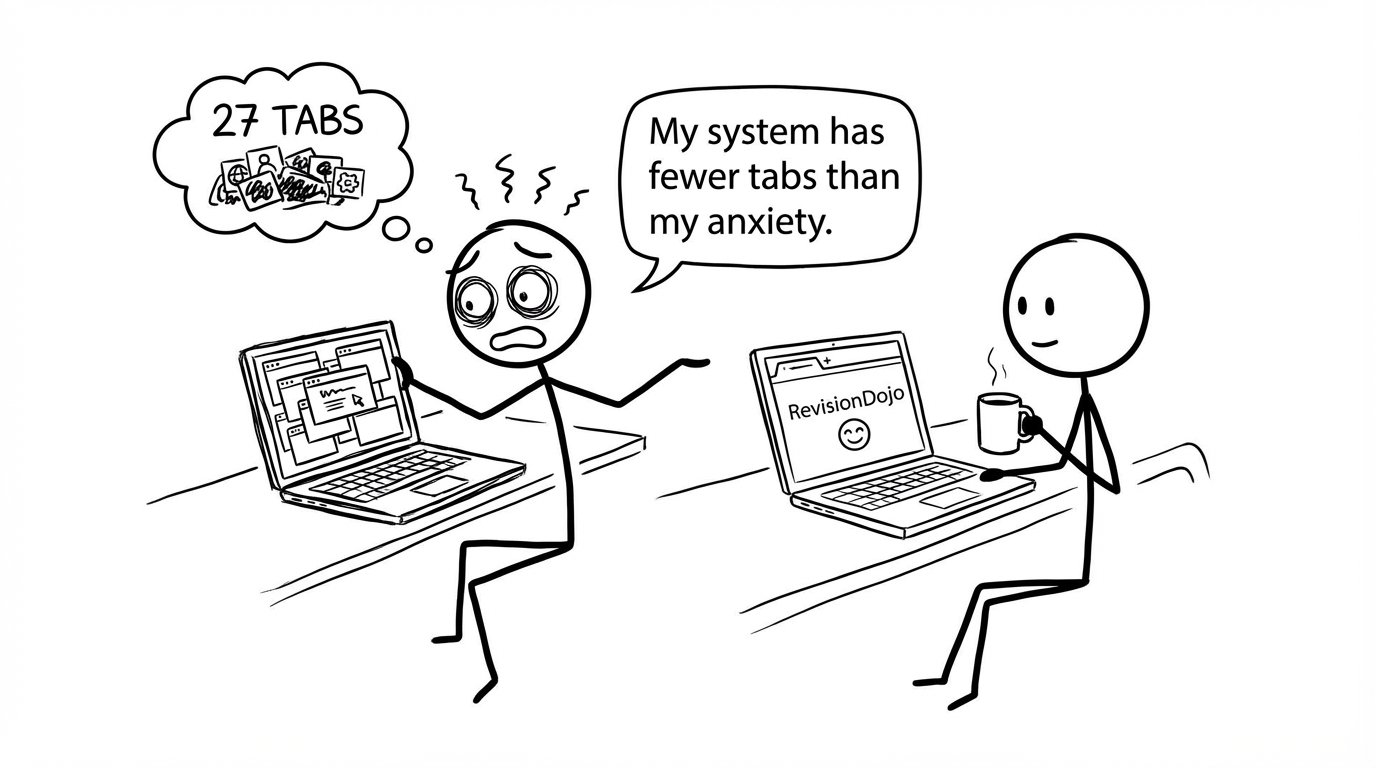 Two students: 27 tabs vs one RevisionDojo tab