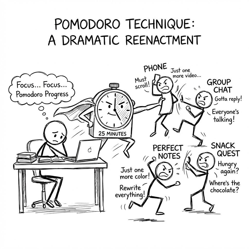 Pomodoro timer superhero fighting distractions