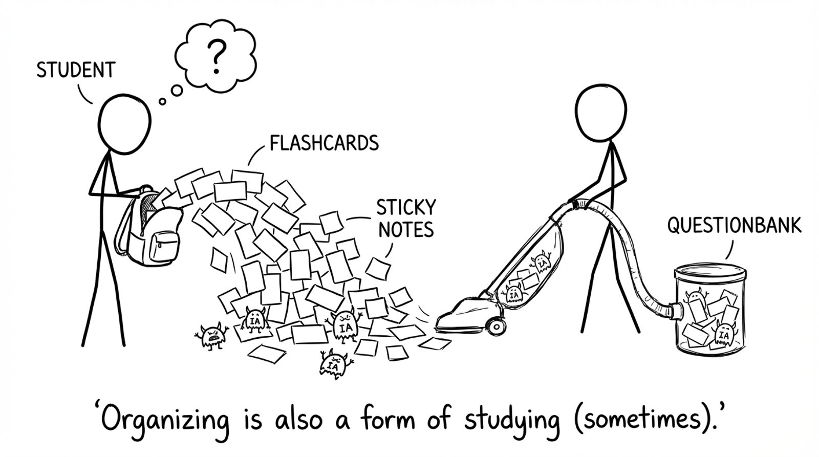 Backpack spills sticky notes and tiny “IA” monsters; Questionbank vacuum cleans