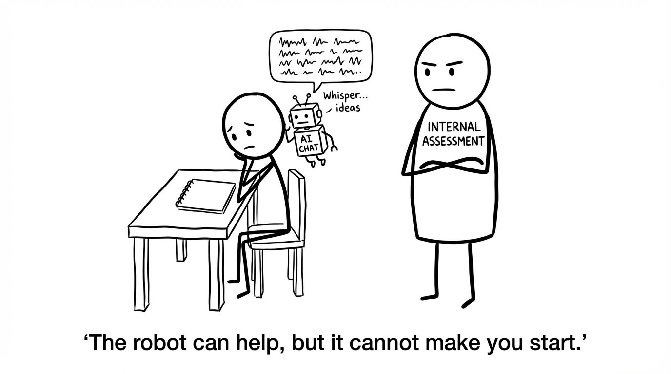 Stick figure with AI Chat vs Internal Assessment stare-down