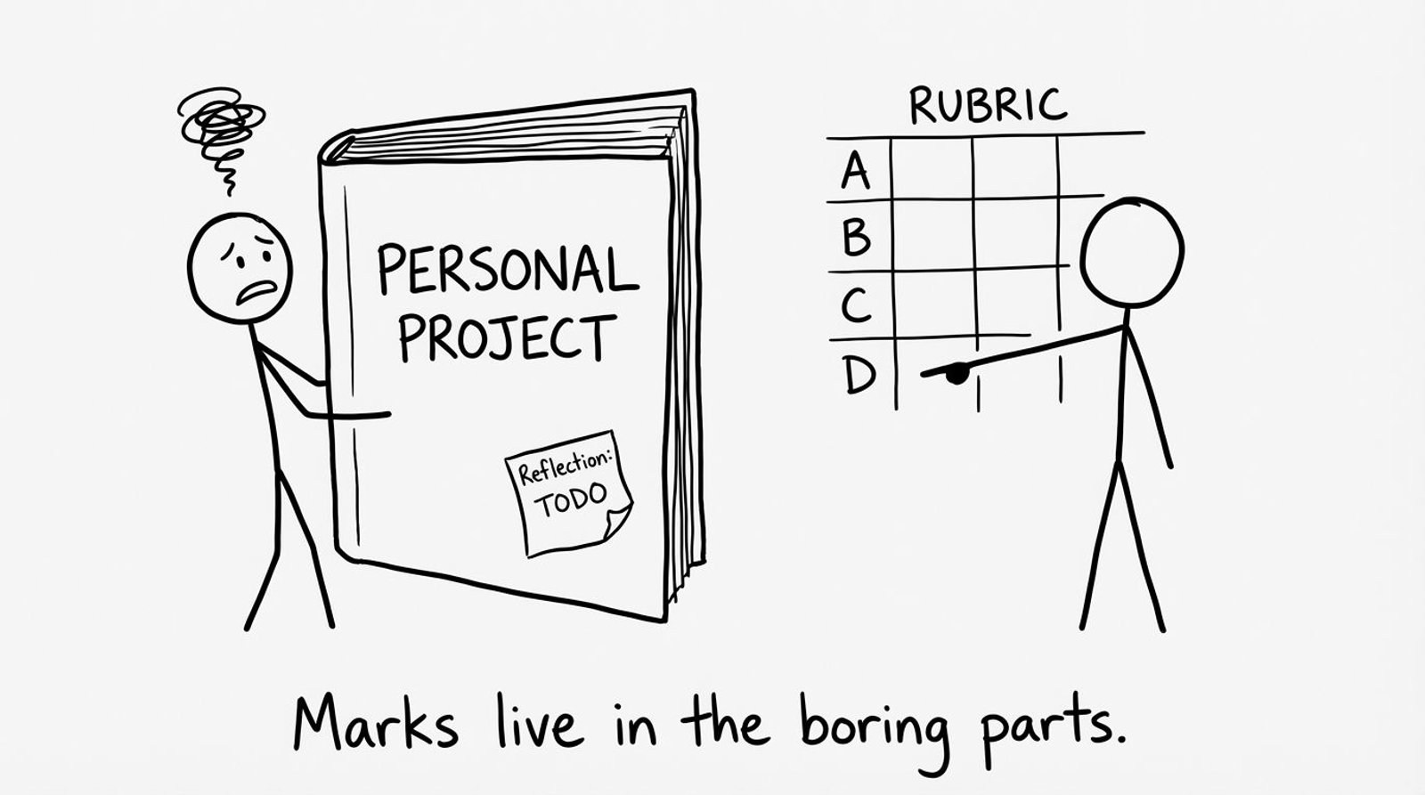 A giant binder and a tiny “Reflection: TODO” note