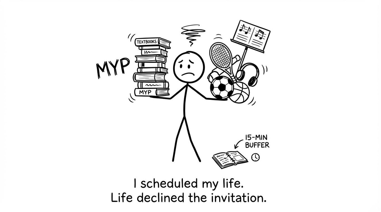 A stressed student balancing MYP books and activities