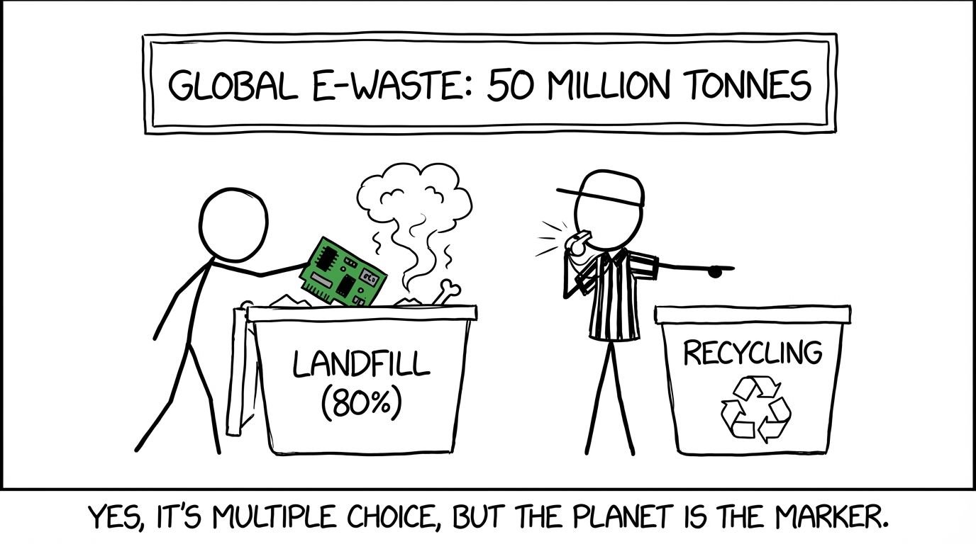 E-waste recycling vs landfill scoreboard joke