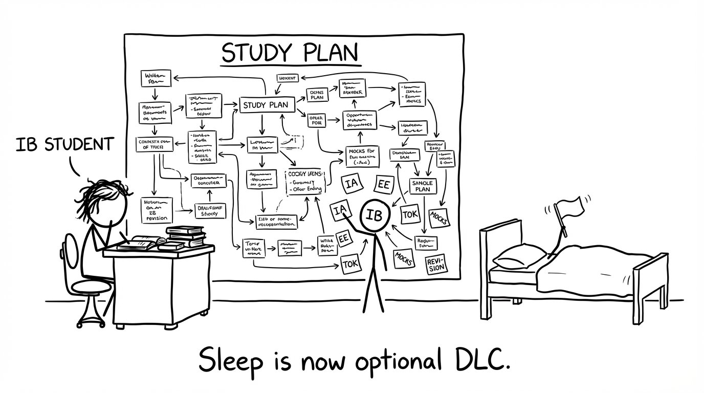 An IB student tries to optimize sleep with a flowchart while the bed waves a tiny white flag