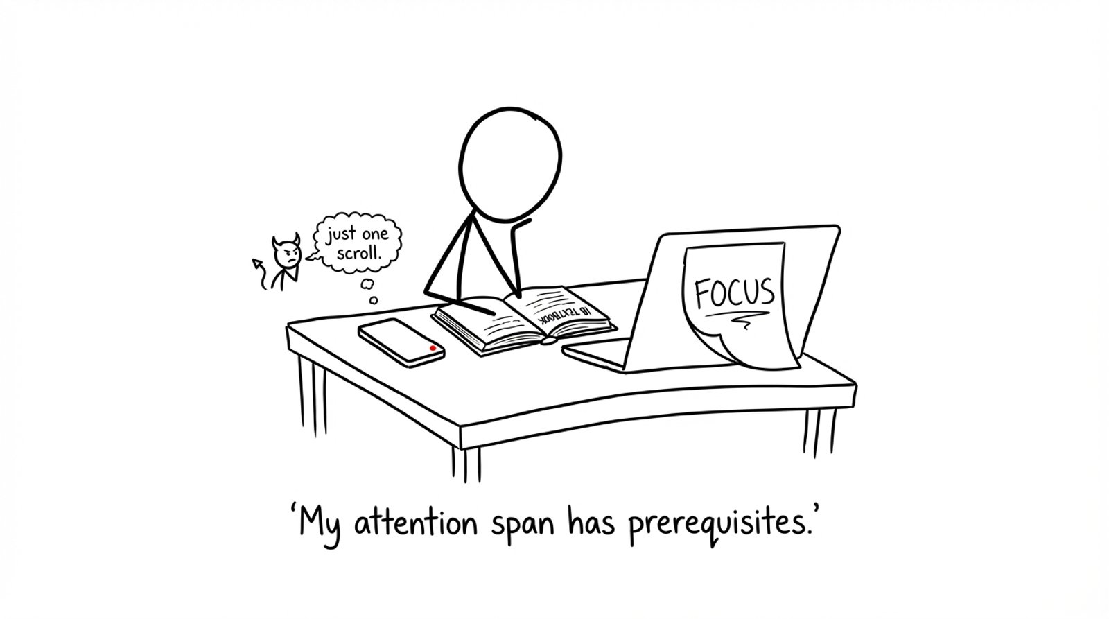 Phone whispers “just one scroll” while focus note peels off