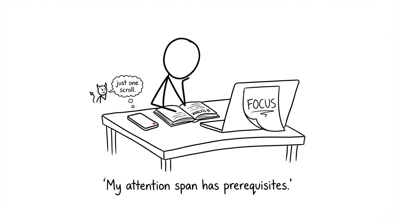 Phone whispers “just one scroll” while focus note peels off