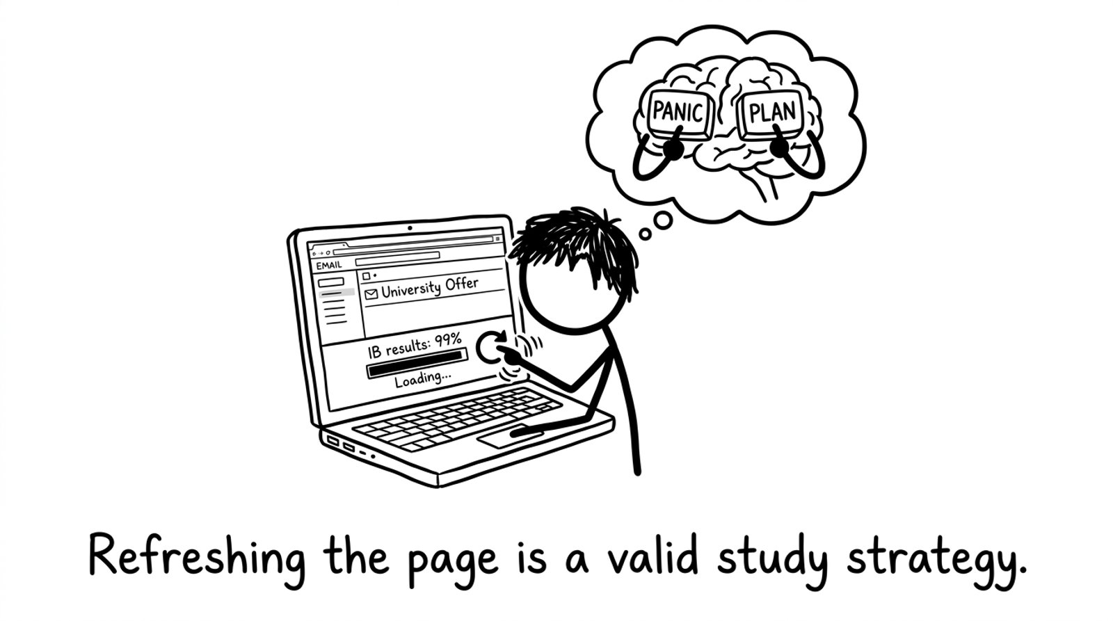 Student refreshing email while choosing Panic vs Plan