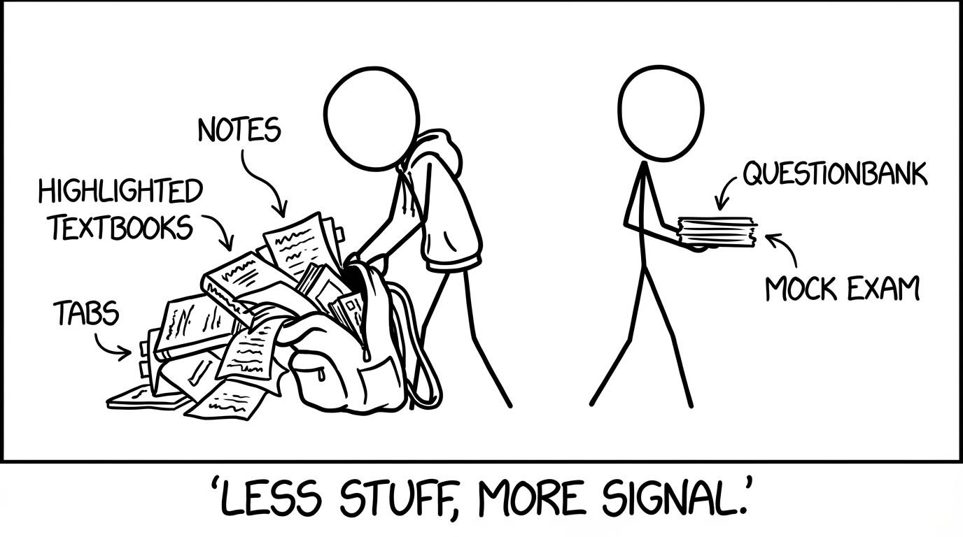 Backpack avalanche: notes vs a small stack labeled questionbank and mock exam