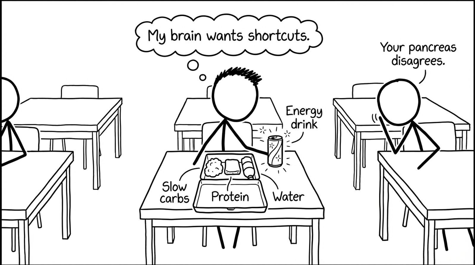 Student chooses between lunchbox and energy drink