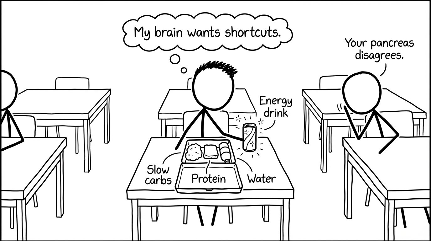 Student chooses between lunchbox and energy drink