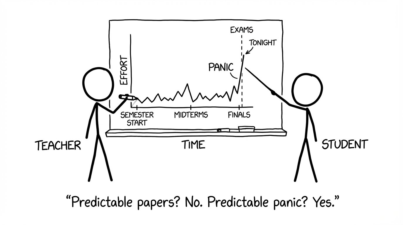 A teacher draws an effort vs panic chart with a huge spike