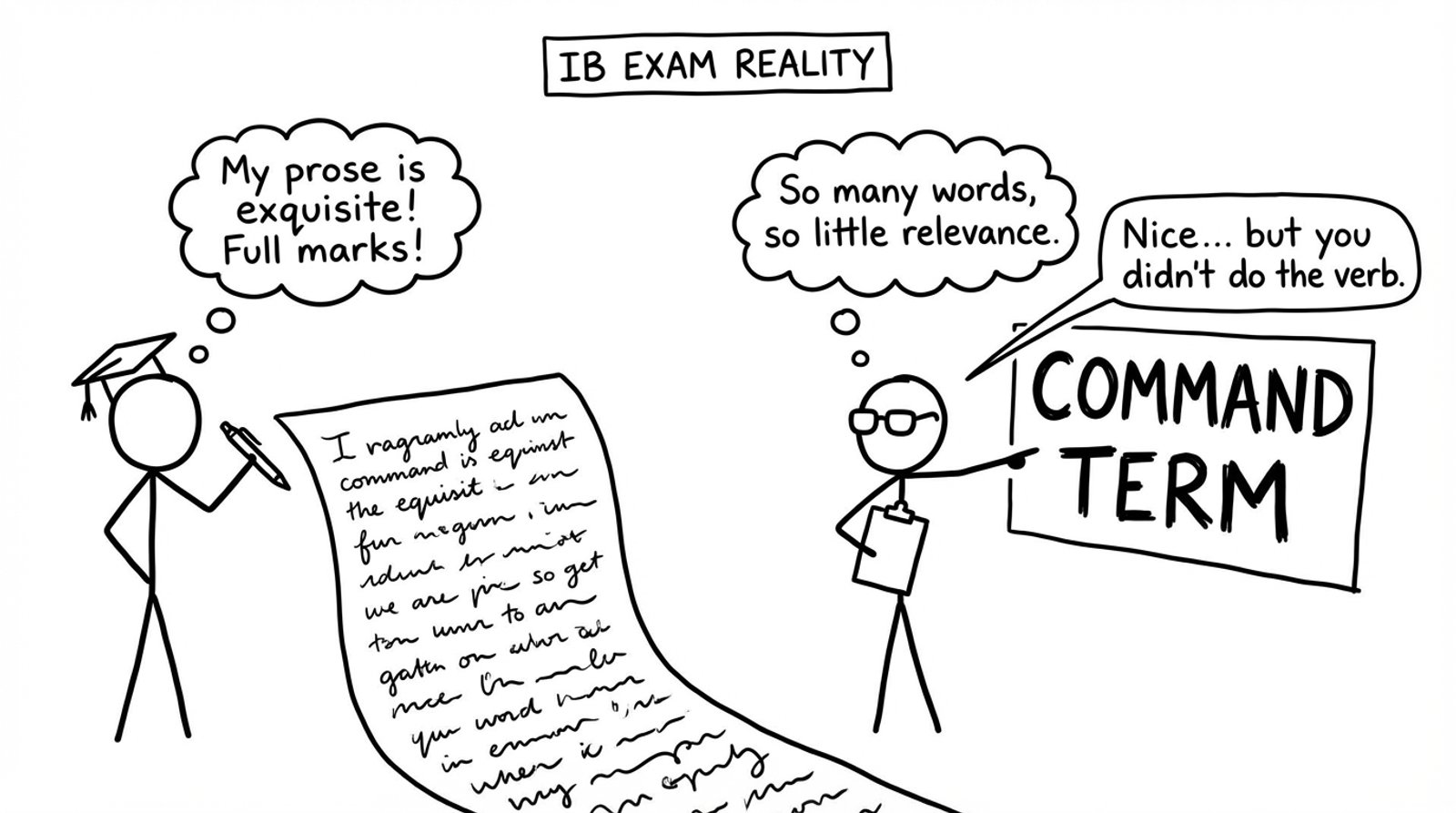 A tiny examiner points at the command term sign