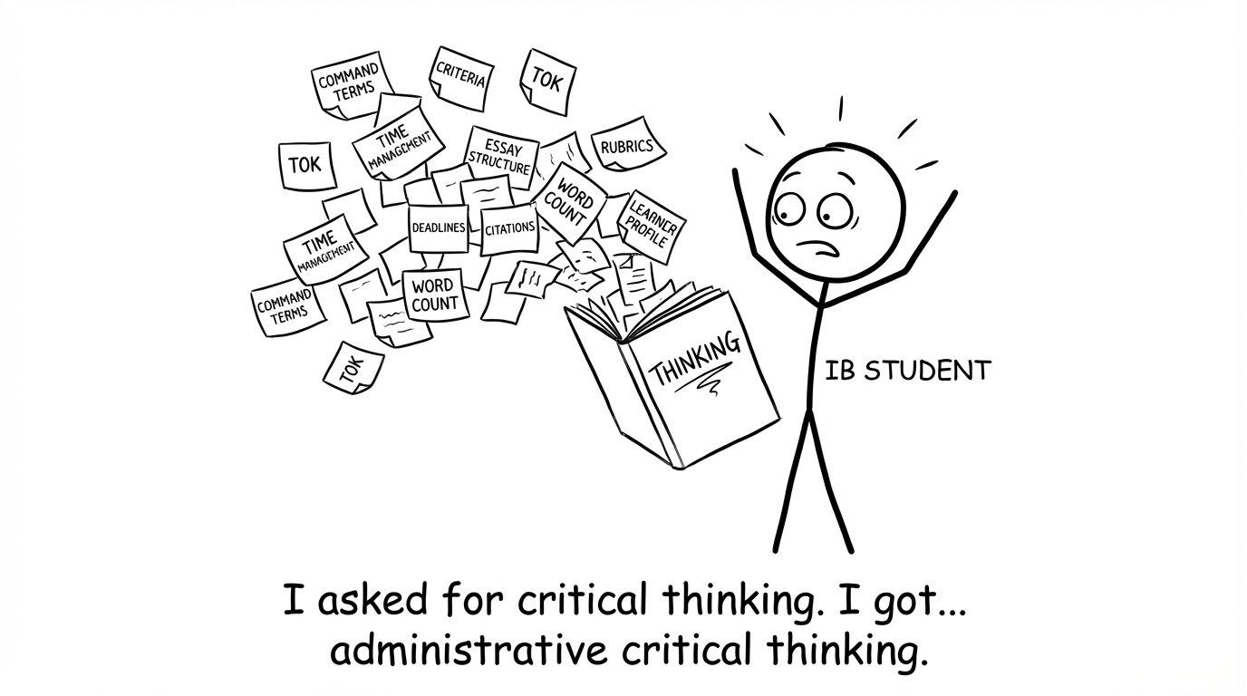 IB student opens a notebook labeled Thinking and confetti of command terms flies out
