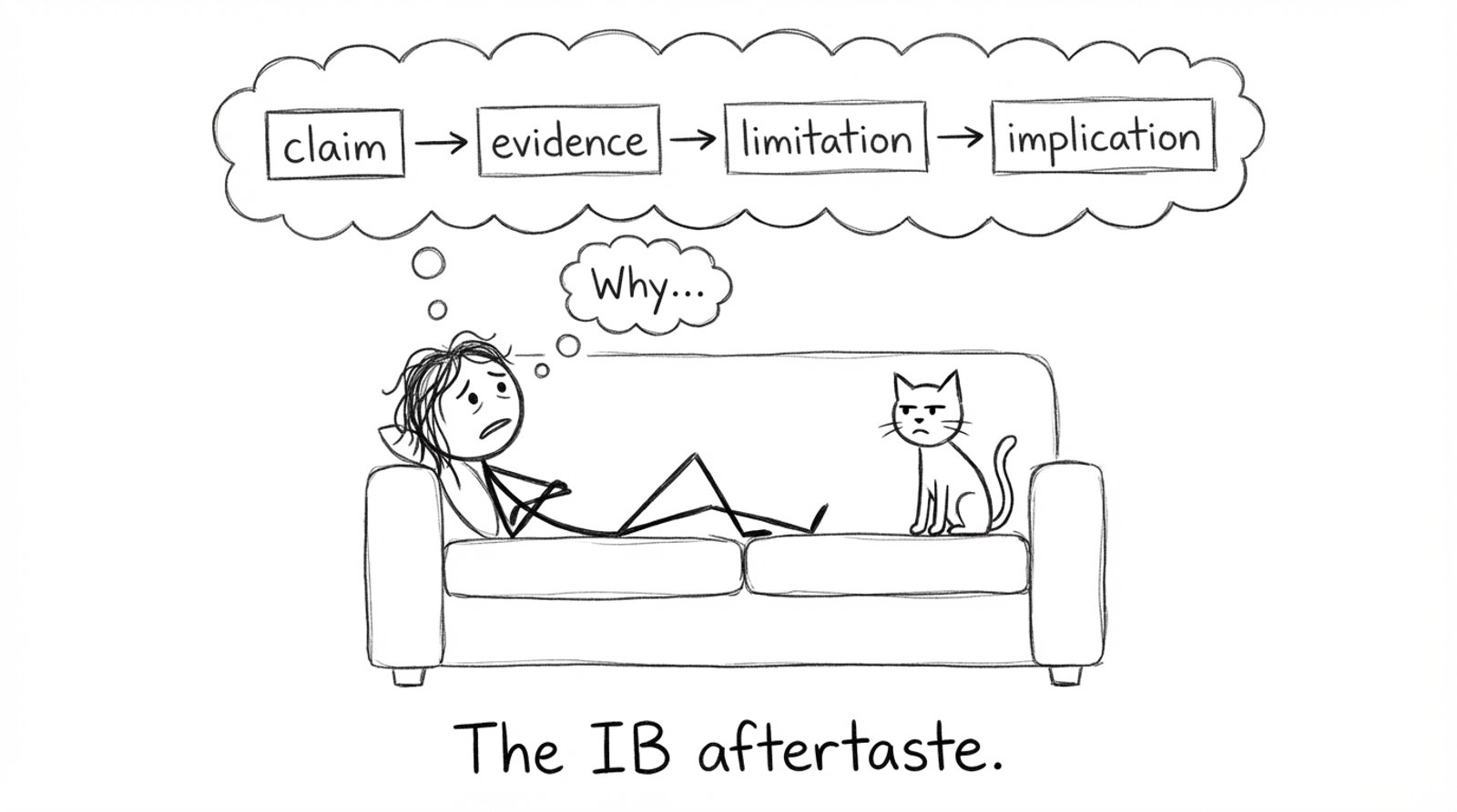 Stick figure trying to relax on a couch while thought bubble shows claim evidence limitation implication flowchart