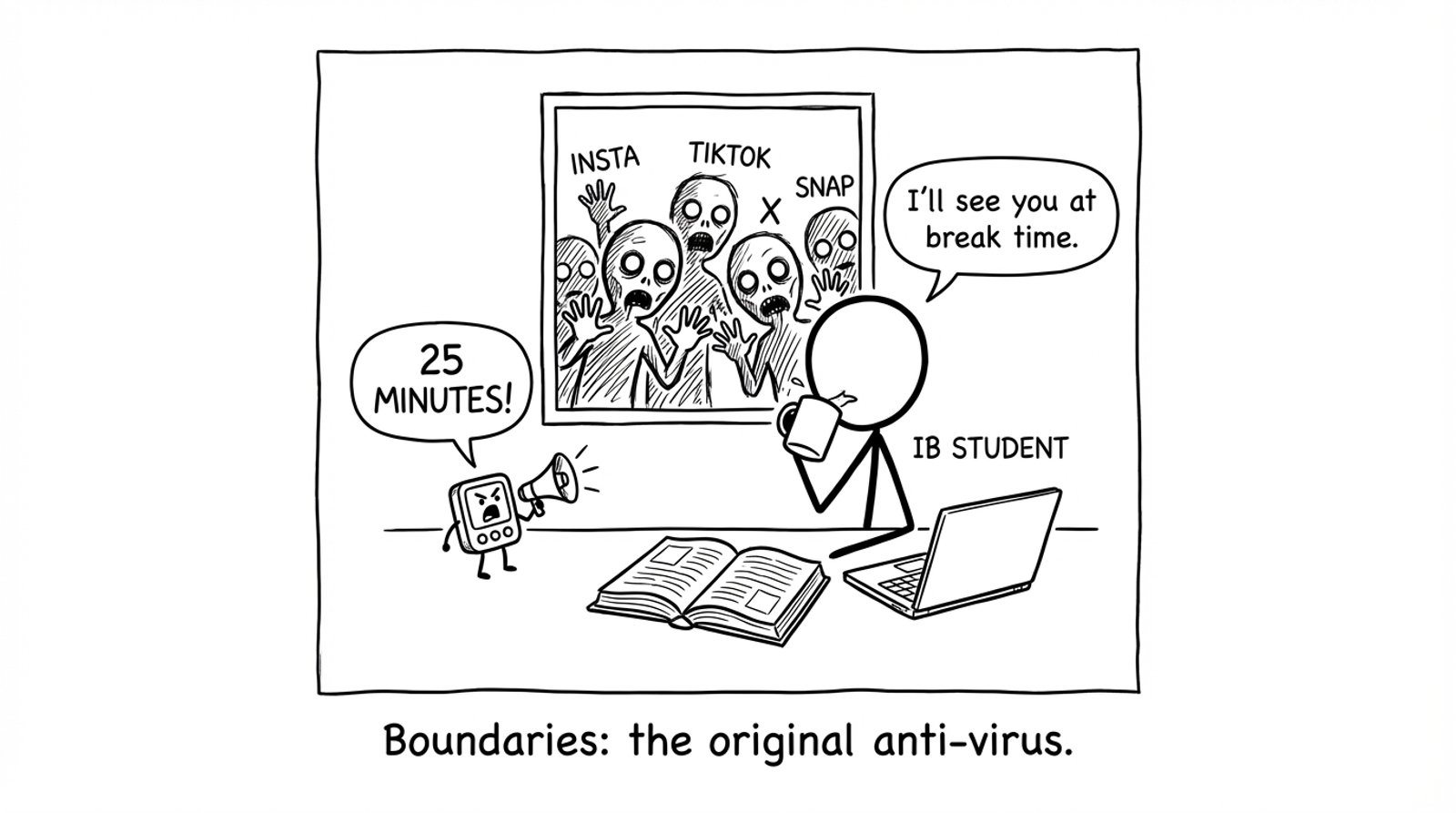 Pomodoro timer vs social media zombies at the window