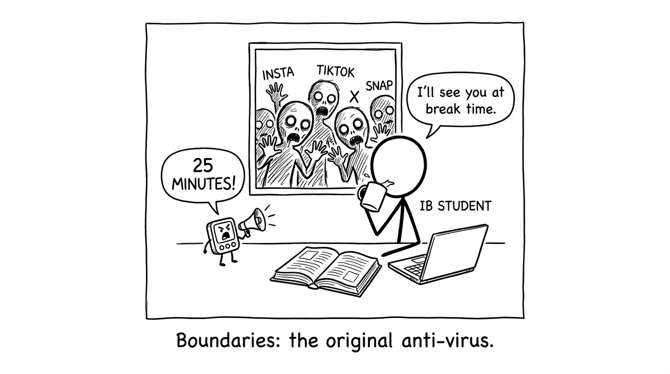 Pomodoro timer vs social media zombies at the window