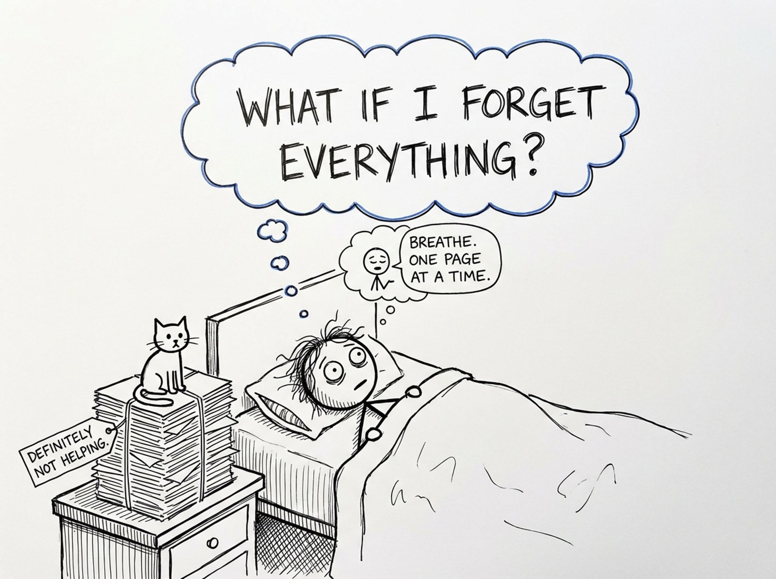 Student in bed with anxious thought bubbles and a “calm coach” cat