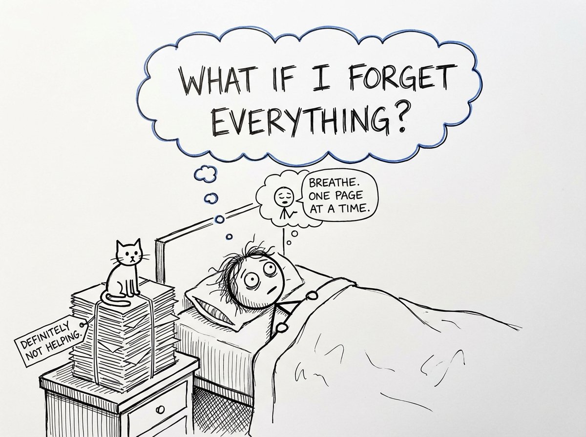 Student in bed with anxious thought bubbles and a “calm coach” cat