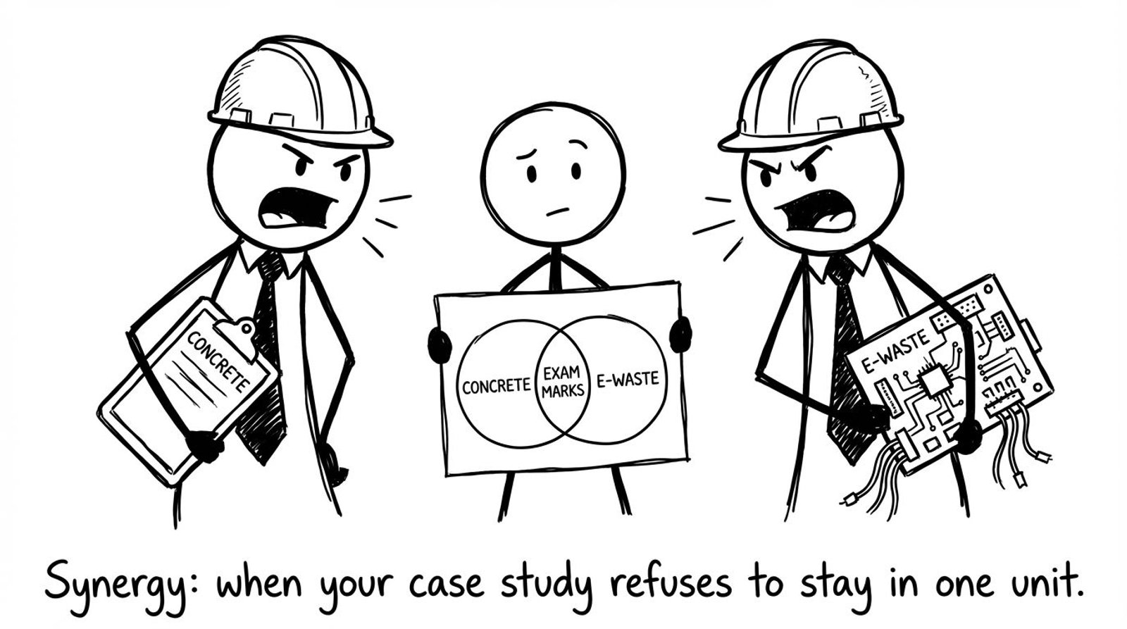 Managers arguing: concrete vs e-waste; student holds Venn diagram labeled exam marks