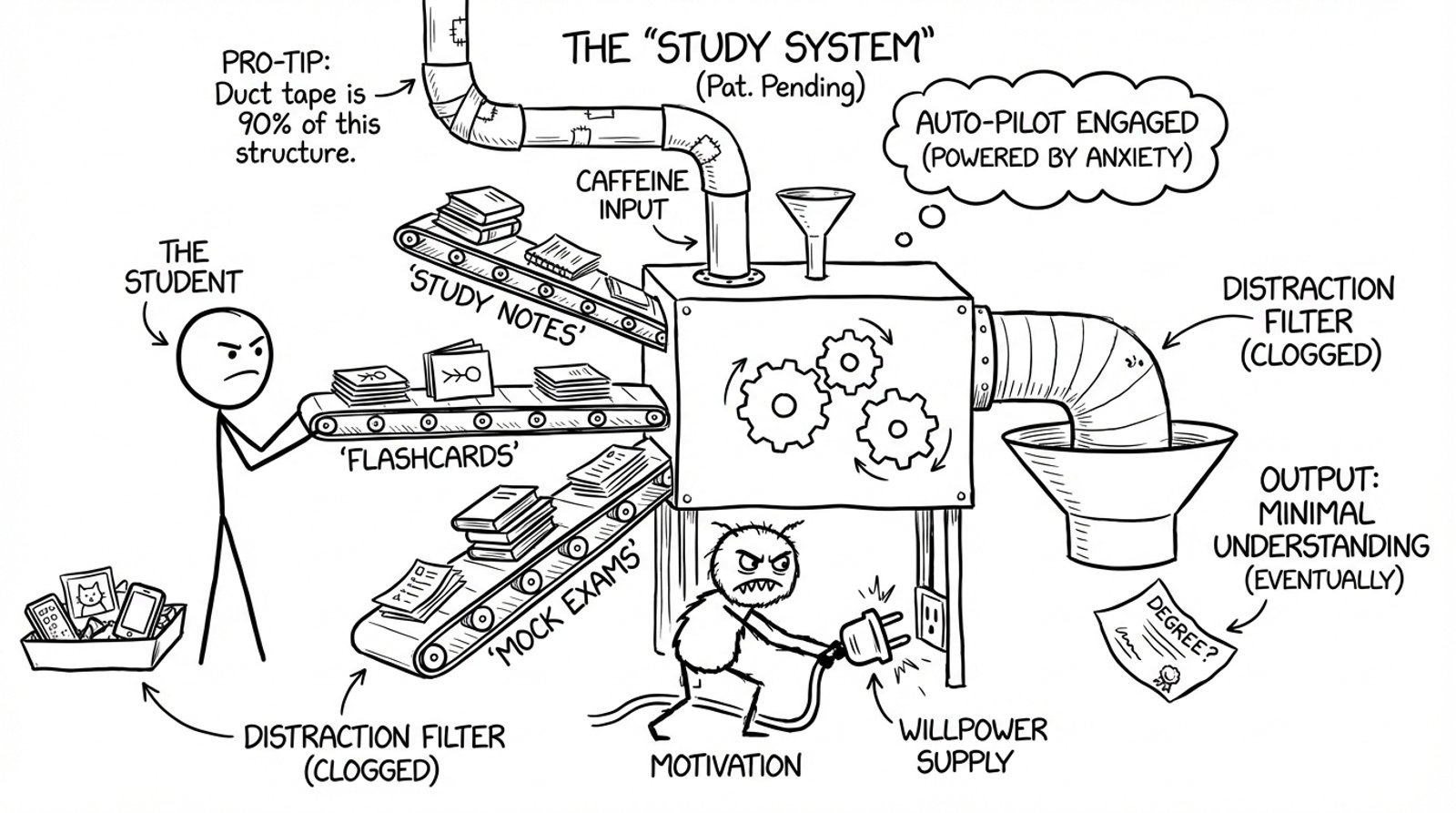 Study system machine running while motivation gremlin unplugs it
