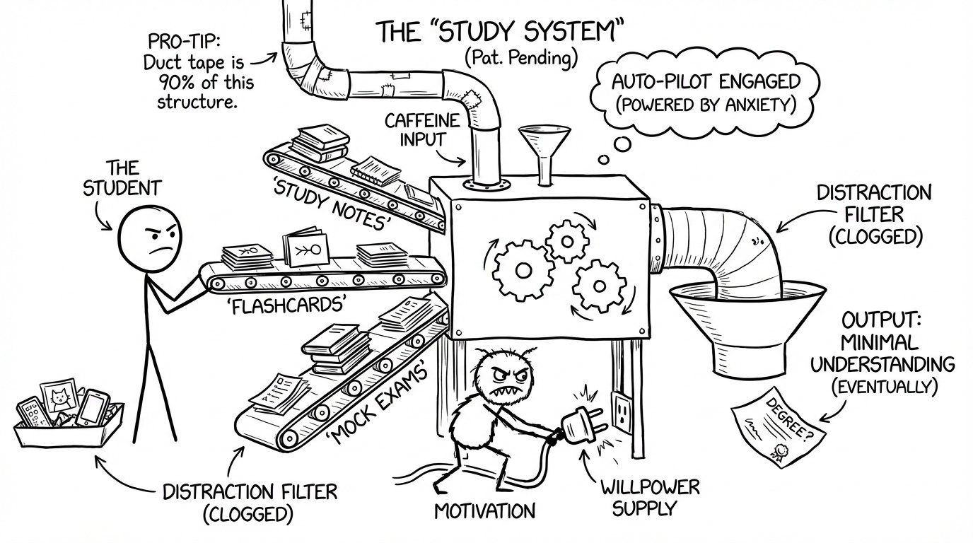 Study system machine running while motivation gremlin unplugs it