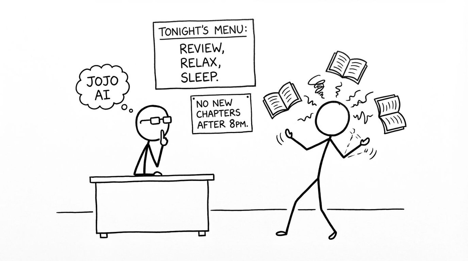 Jojo AI librarian shushing frantic crammer