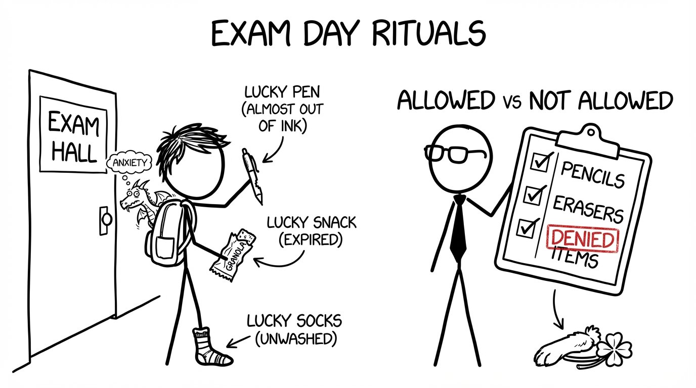 Exam hall “allowed vs not allowed” ritual chaos