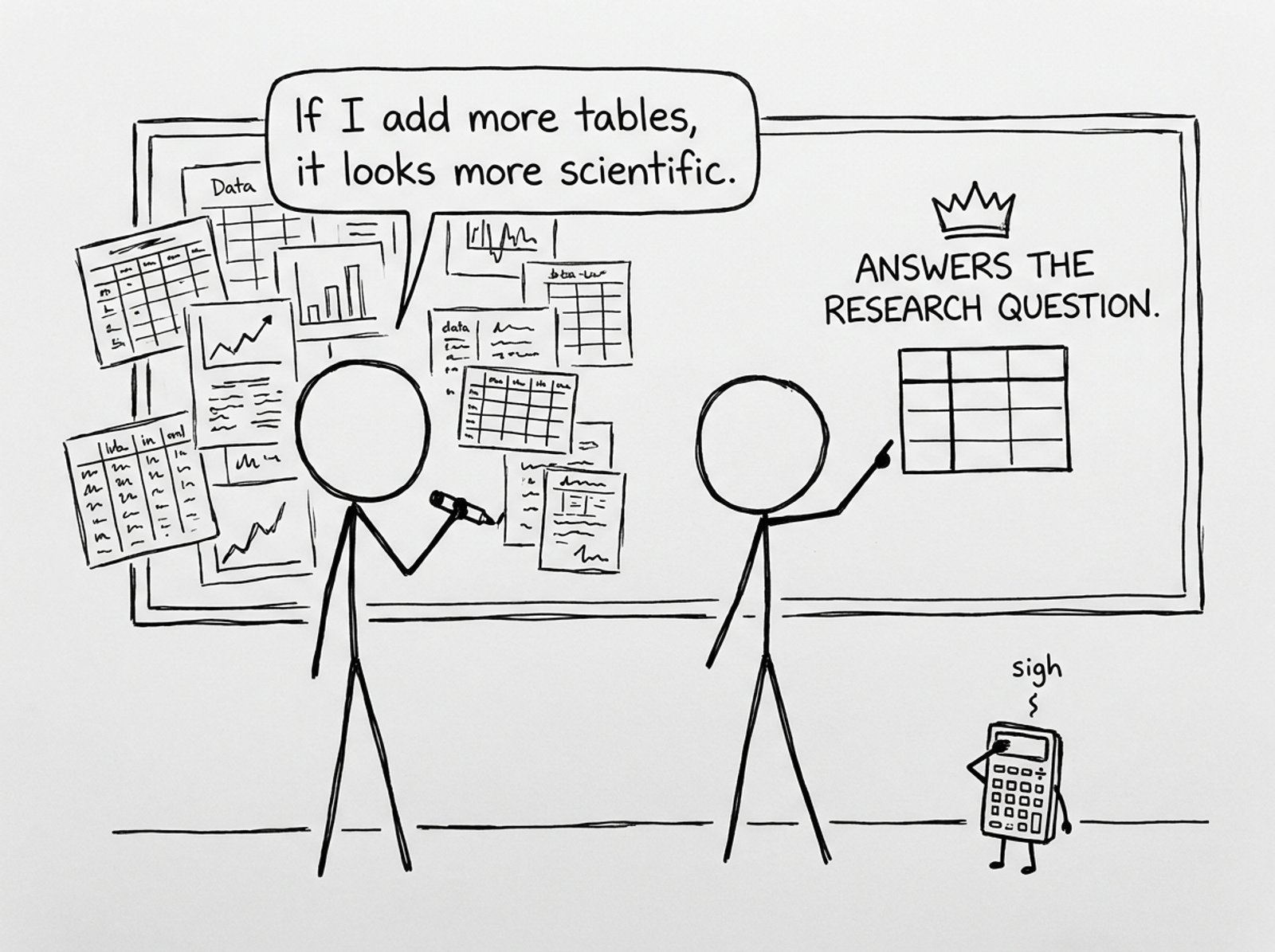 Two students debate adding more tables to look scientific while a calculator facepalms
