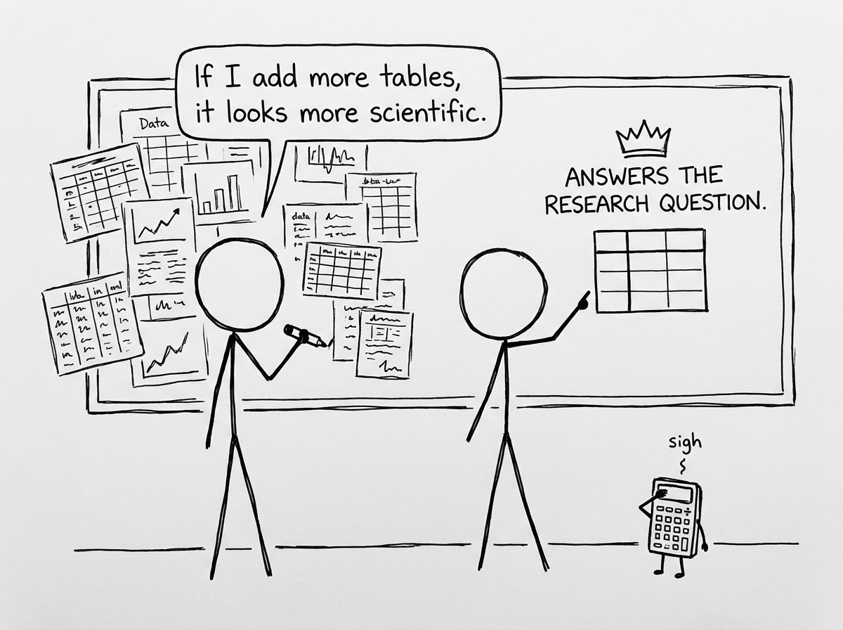 Two students debate adding more tables to look scientific while a calculator facepalms