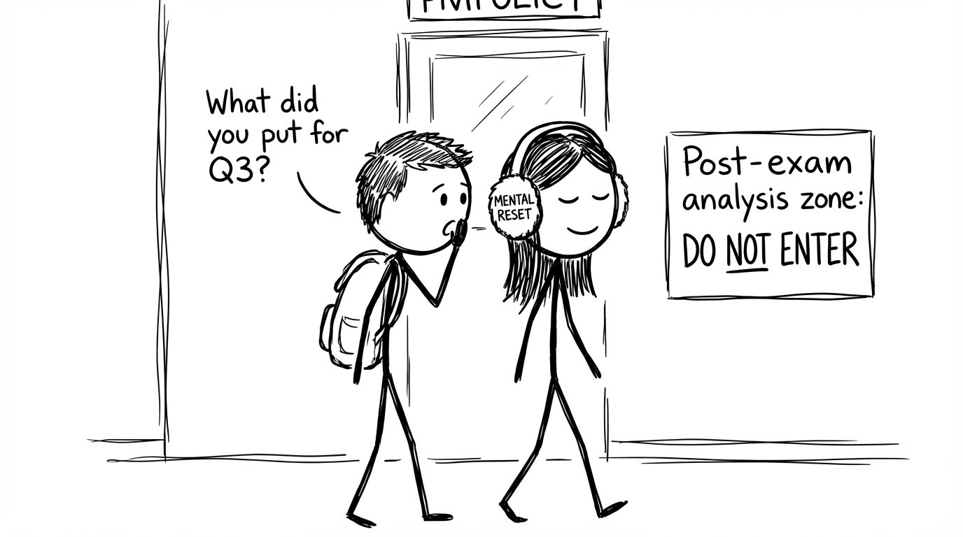 A student wears “MENTAL RESET” earmuffs to avoid post-exam talk