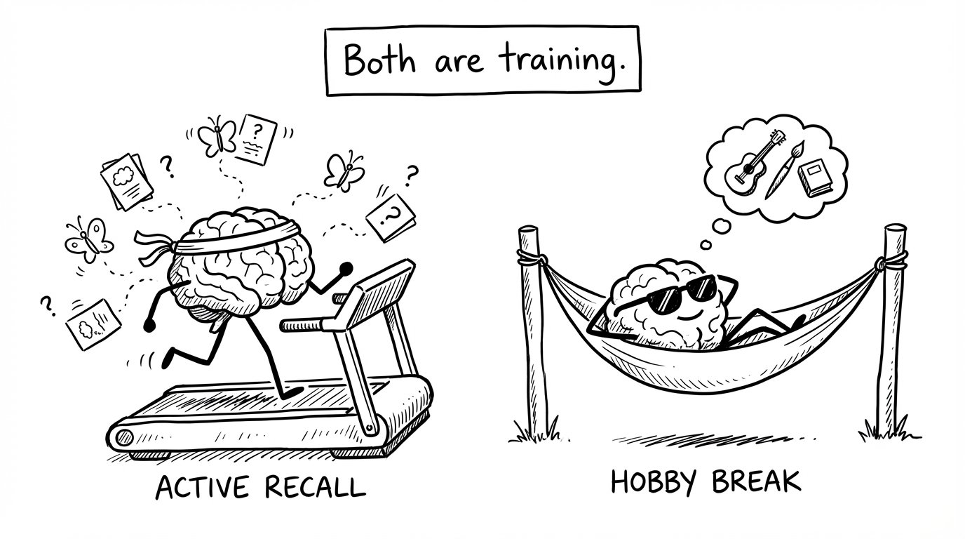Two brains: active recall treadmill vs hobby hammock