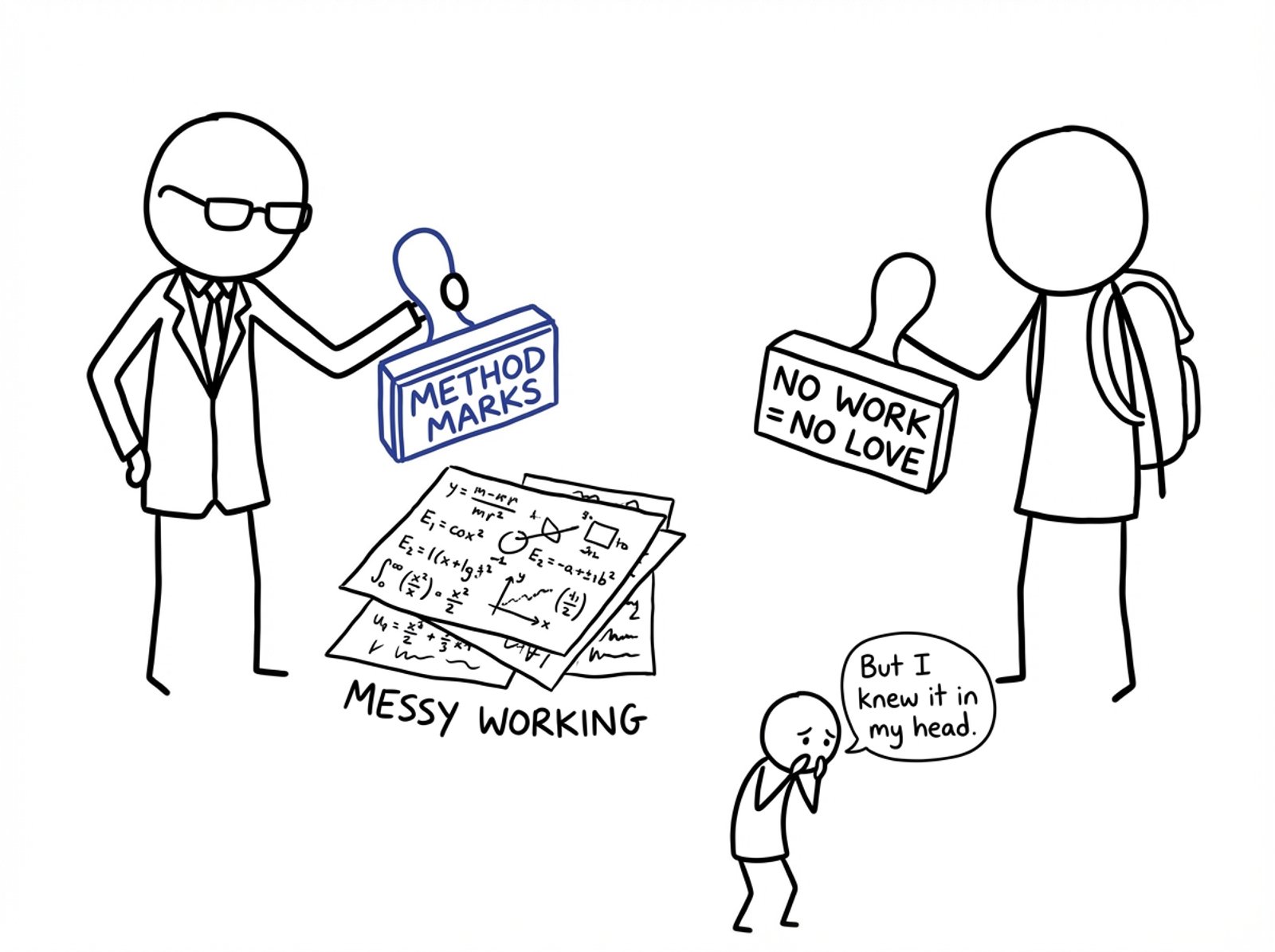 Method marks stamp hovering above messy working