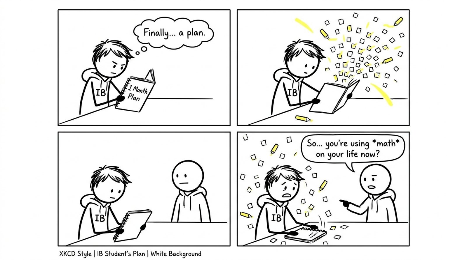 A stressed student opens a one-month plan and confetti of checkboxes explodes