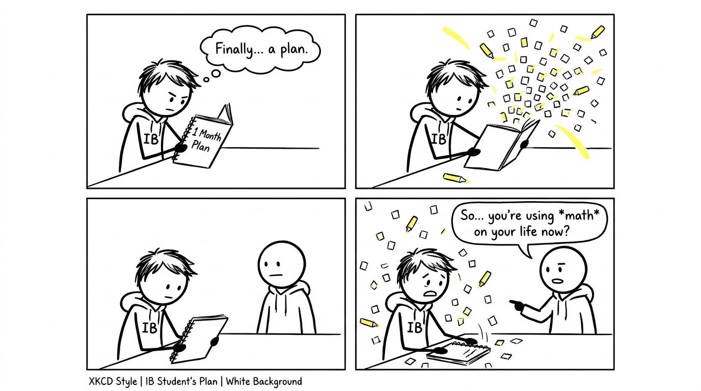 A stressed student opens a one-month plan and confetti of checkboxes explodes