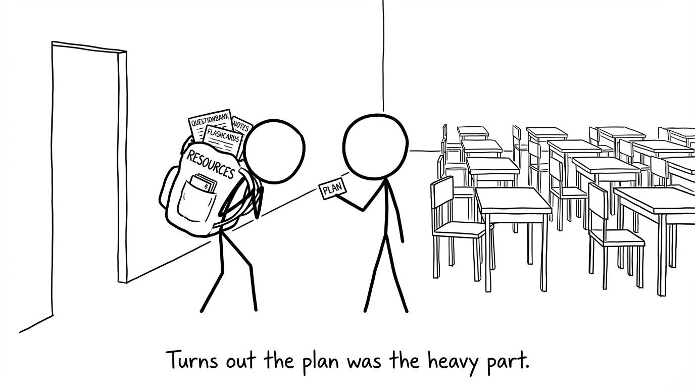 Two students: one carrying a heavy backpack of resources, one carrying a tiny card labeled Plan