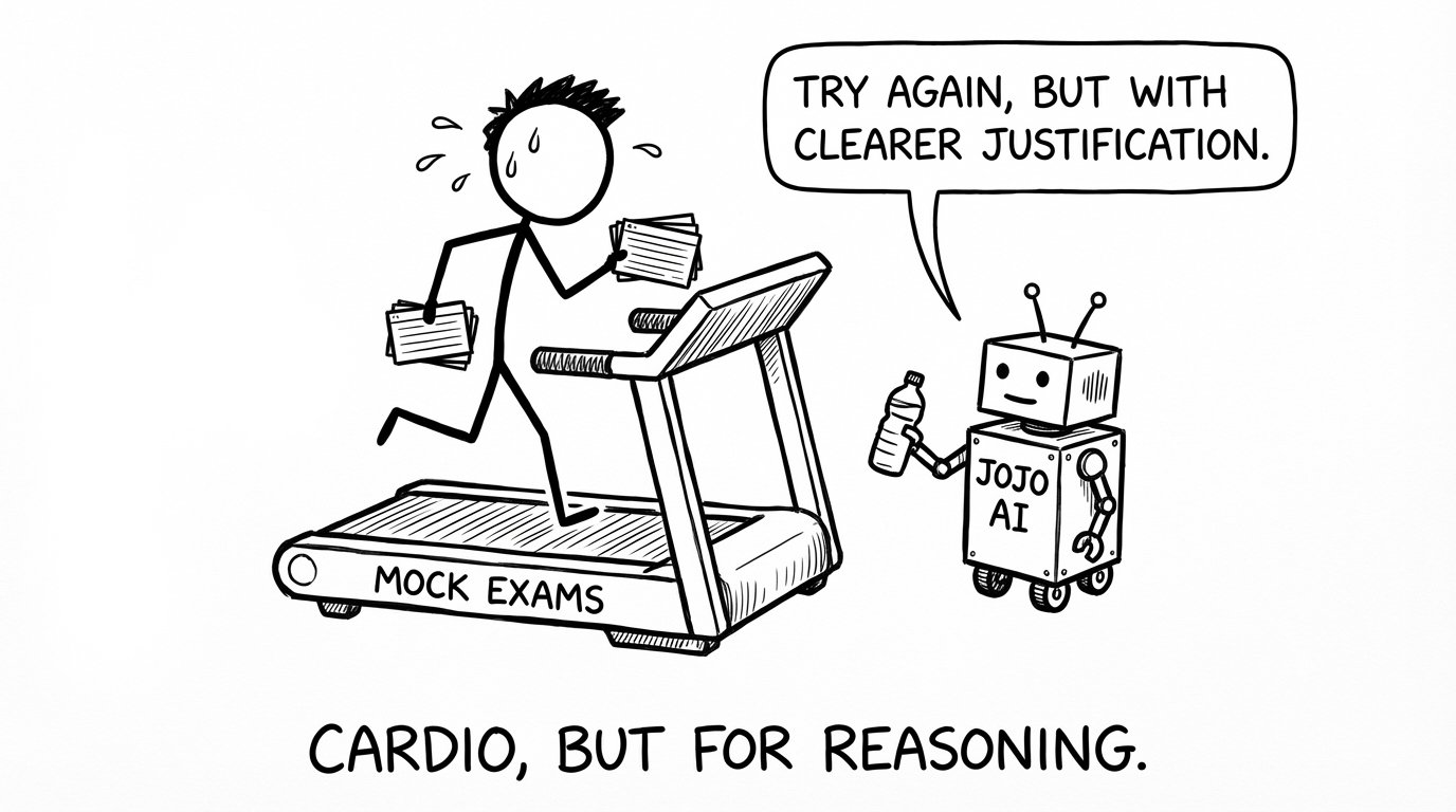 Stick figure on treadmill labeled Mock Exams holding flashcards while Jojo AI offers water