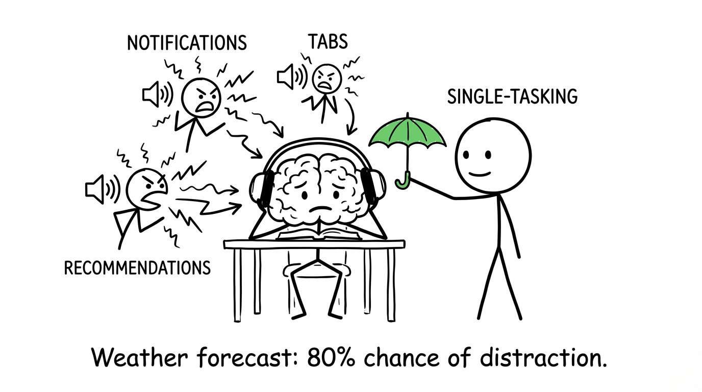 Distraction “weather forecast” around a studying brain