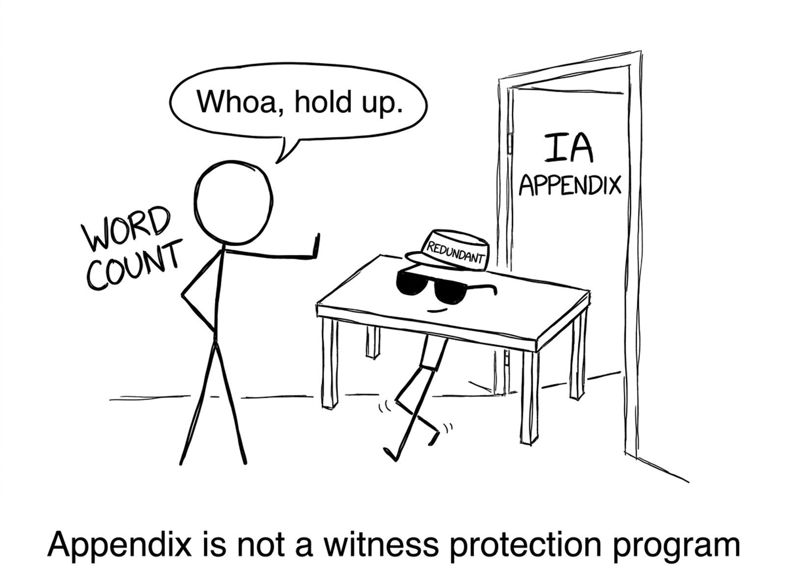 A redundant table tries to sneak into the appendix but is stopped by a bouncer labeled word count