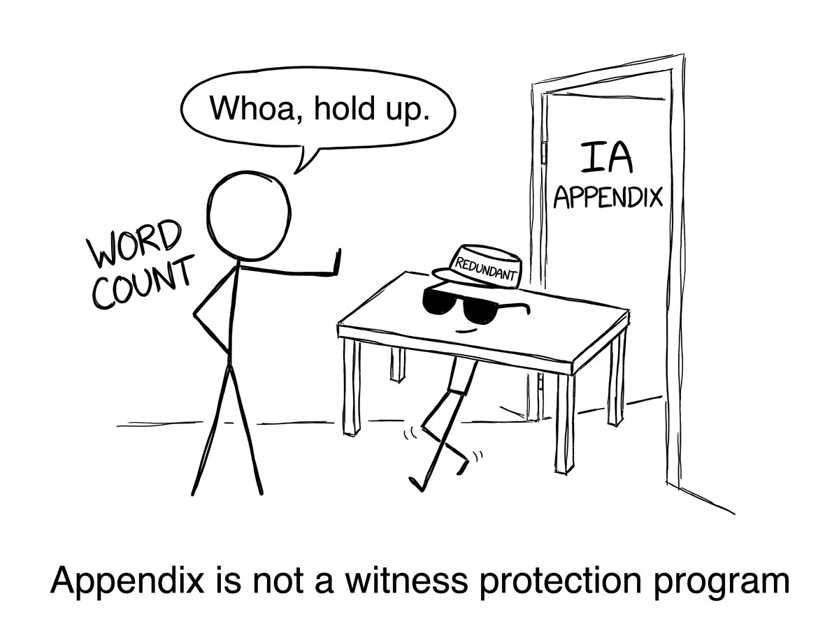 A redundant table tries to sneak into the appendix but is stopped by a bouncer labeled word count