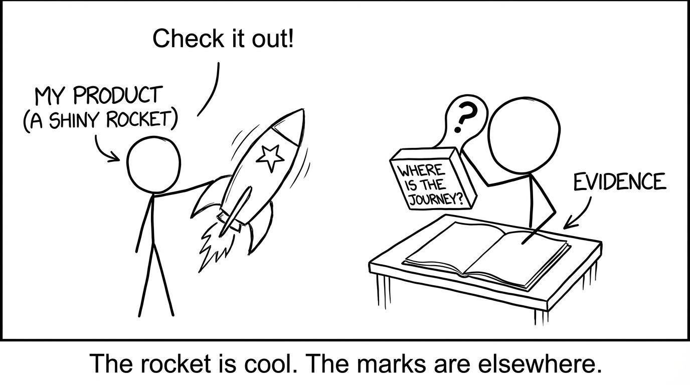 A shiny rocket and a blank “Evidence” notebook